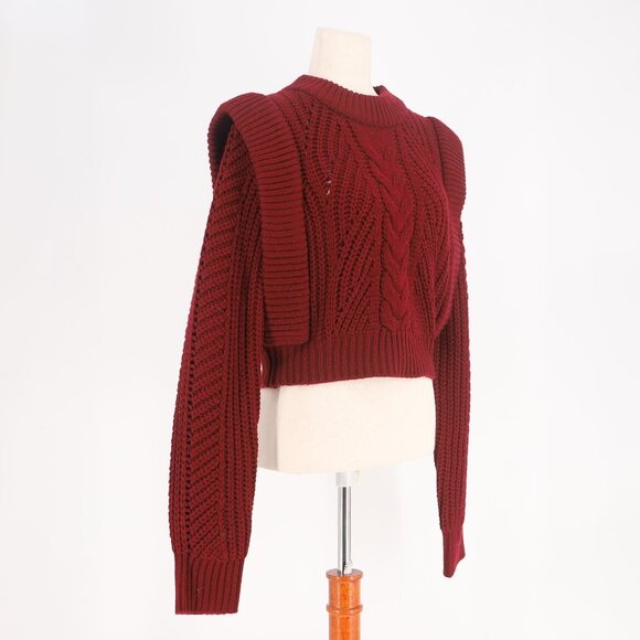 ENGLISH FACTORY Cable Knit Crop Sweater Wide Ribbed Shoulder Burgundy Size M - Picture 3 of 7